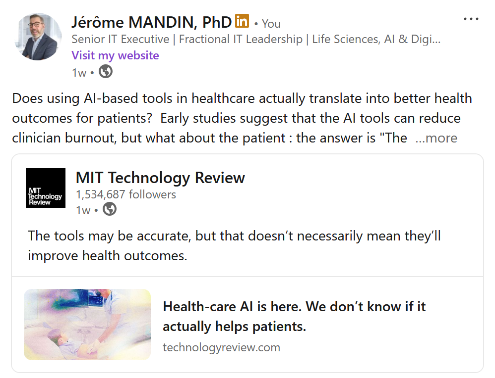 Screenshot of a LinkedIn post discussing whether artificial intelligence in healthcare improves patient outcomes beyond reducing clinician workload.
