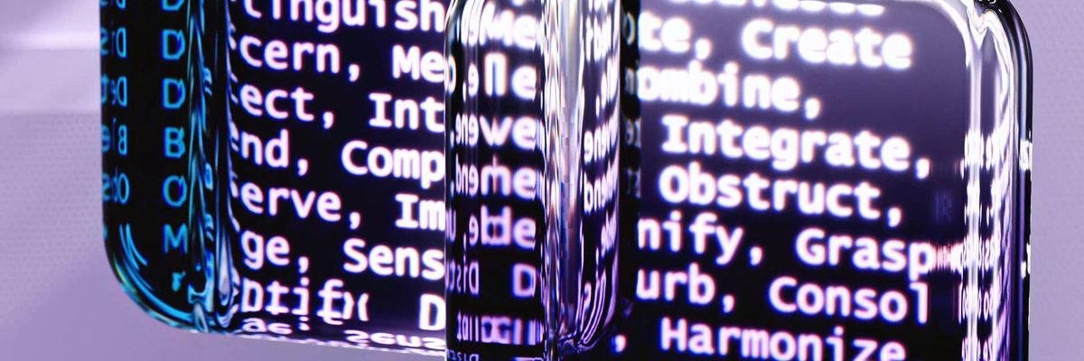 Abstract digital interface with reflected text and data visualizations representing artificial intelligence strategy, governance, and business value.