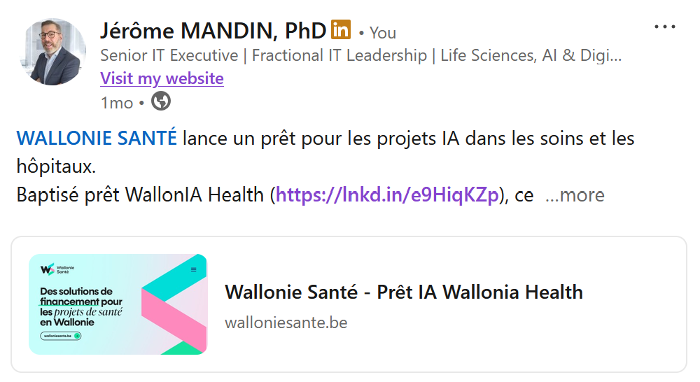 Screenshot of a post presenting the WallonIA Health financing program supporting artificial intelligence investments in healthcare organizations.